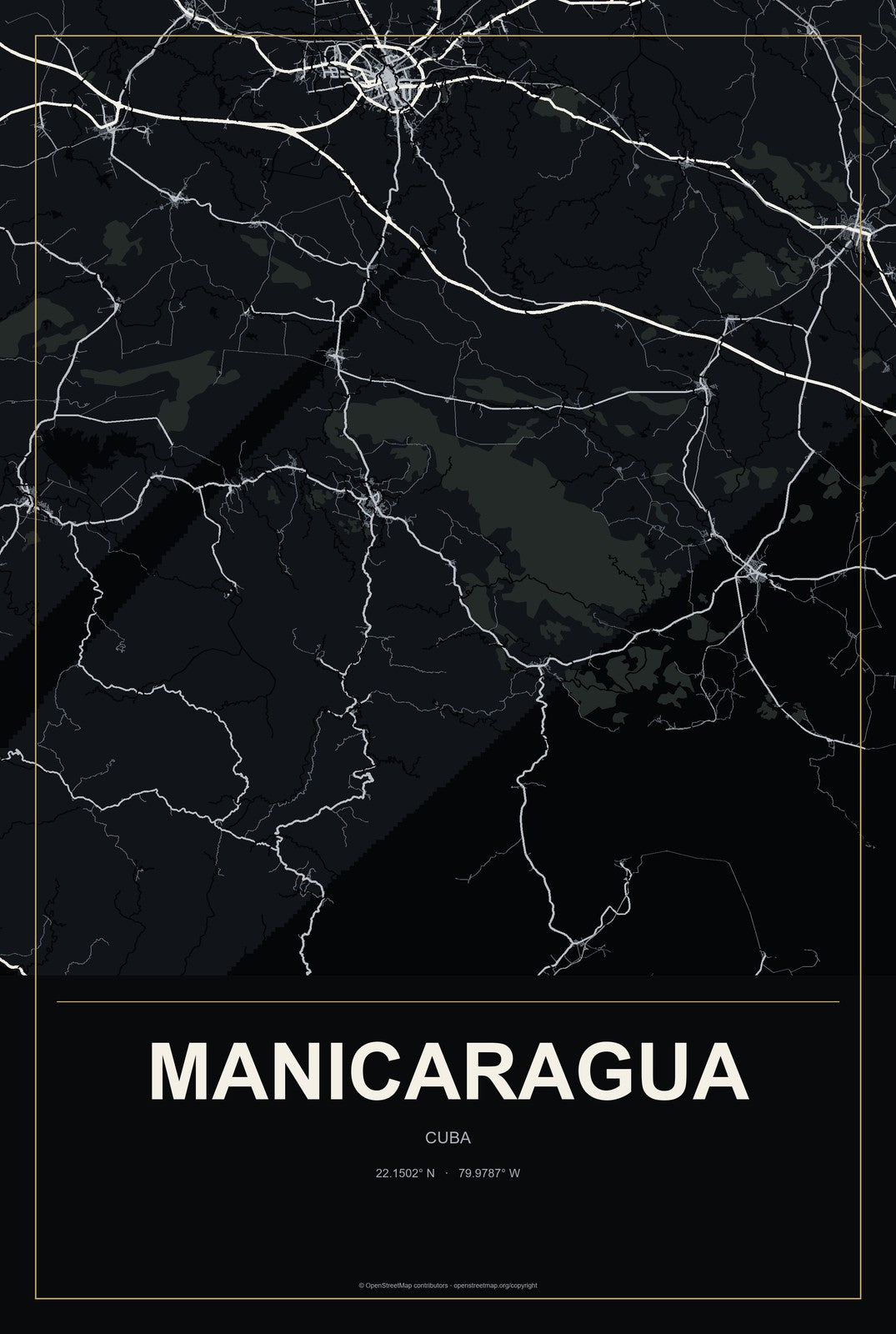 Manicaragua, Cuba City Map Aluminum Sign in Metropolitan Noir style