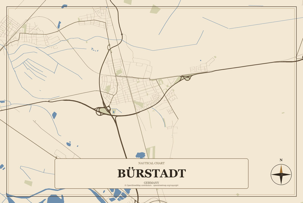 Bürstadt, Germany City Map Aluminum Sign in Heritage Nautical style