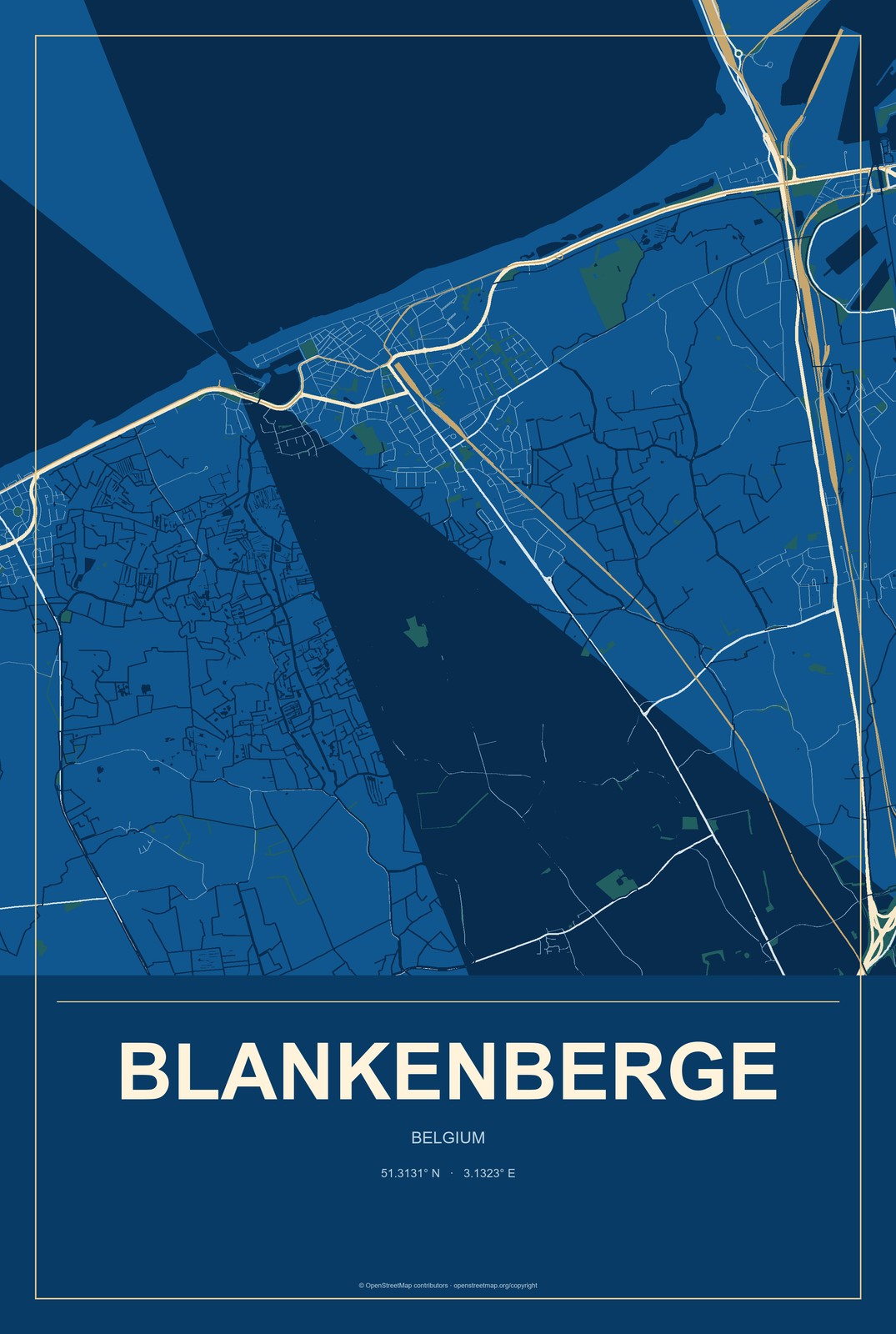 Blankenberge, Belgium City Map Aluminum Sign in Harbor Cobalt style