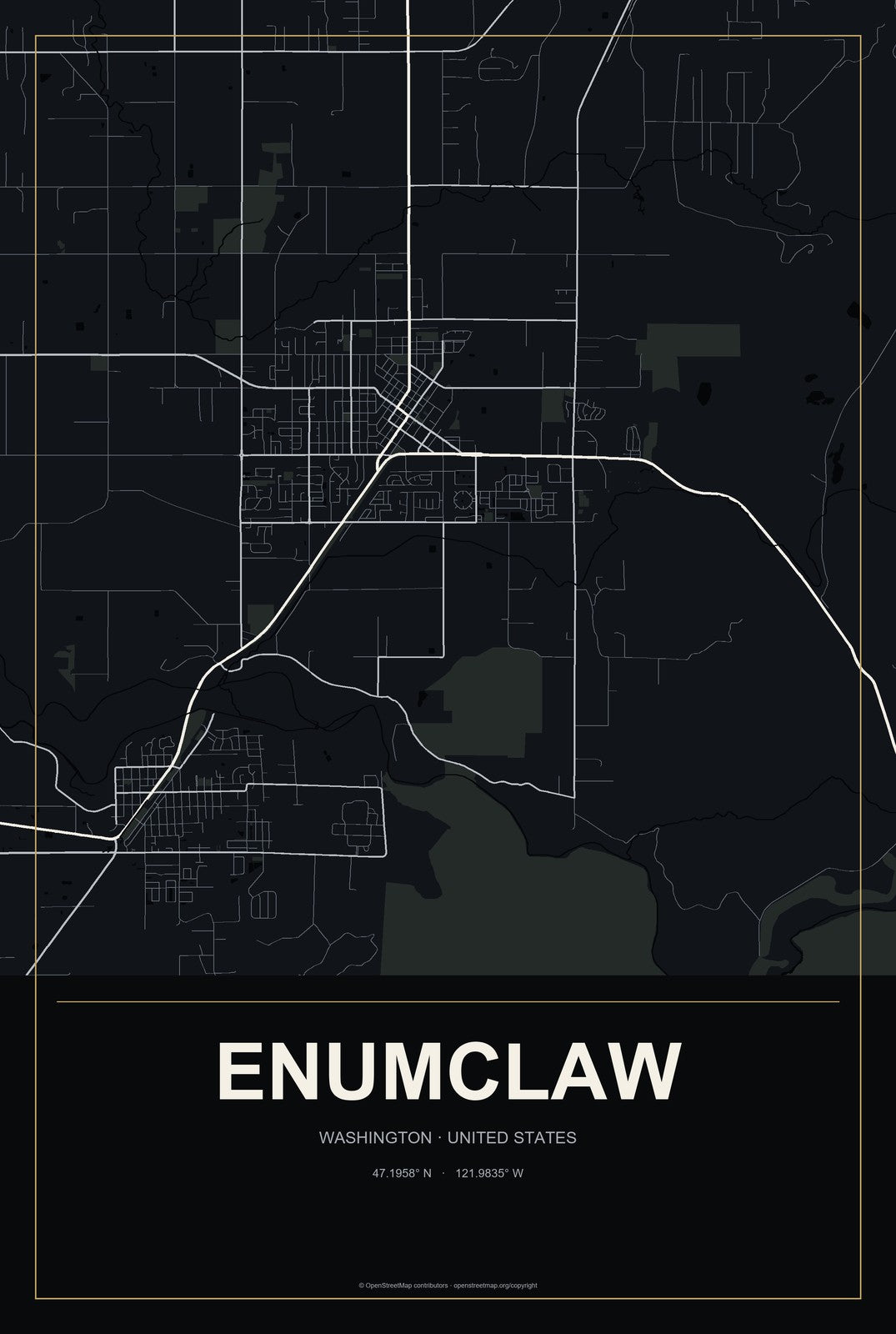 Enumclaw, Washington City Map Aluminum Sign in Metropolitan Noir style