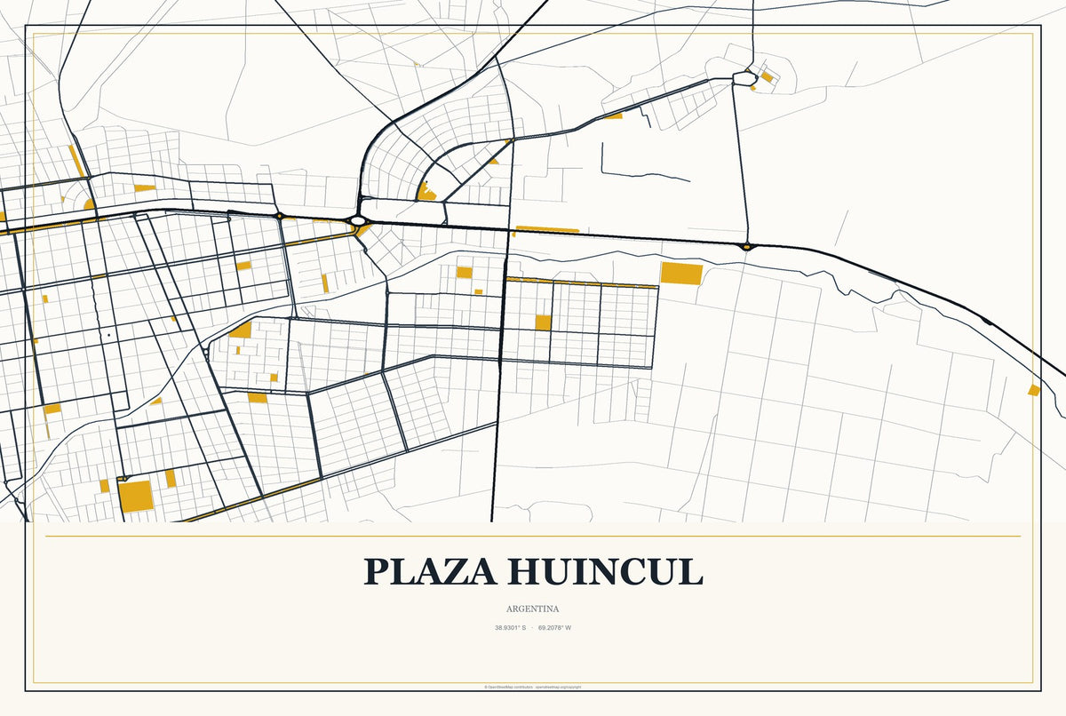 Plaza Huincul, Argentina City Map Aluminum Sign in Citrine Modern style