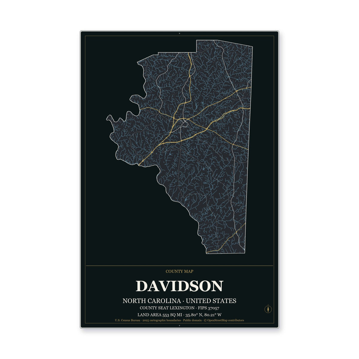 Davidson County, North Carolina Map Aluminum Sign in Metropolitan Noir style