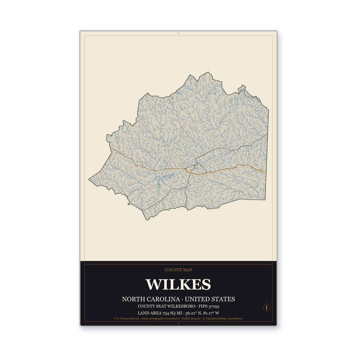 Wilkes County, North Carolina Map Aluminum Sign in Museum Plaque style