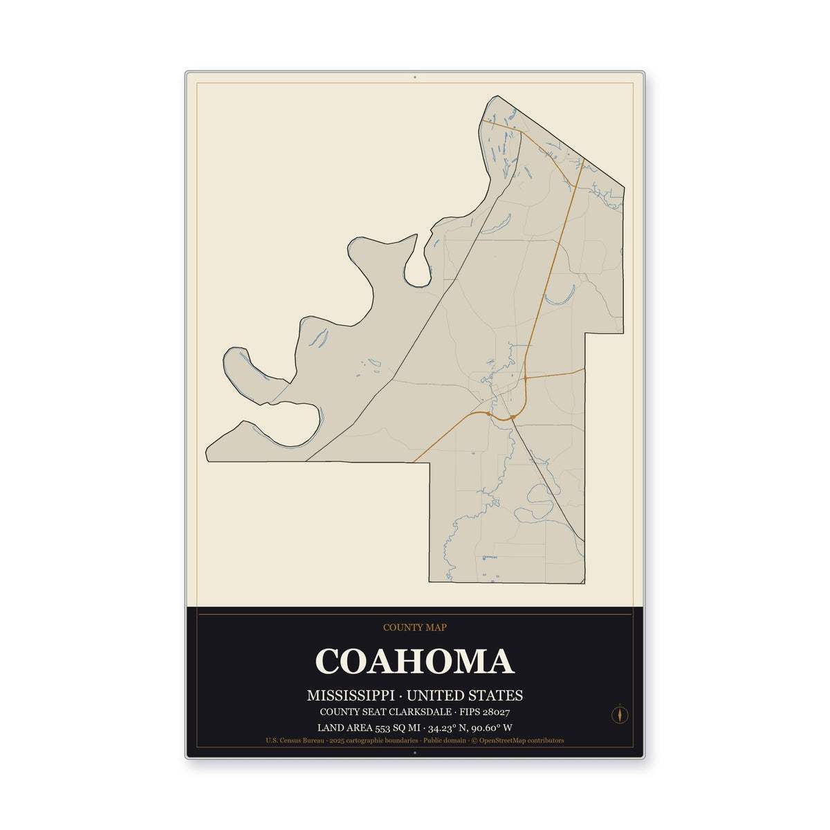 Coahoma County, Mississippi Map Aluminum Sign in Museum Plaque style