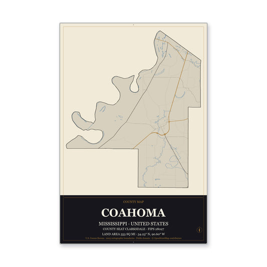 Coahoma County, Mississippi Map Aluminum Sign in Museum Plaque style