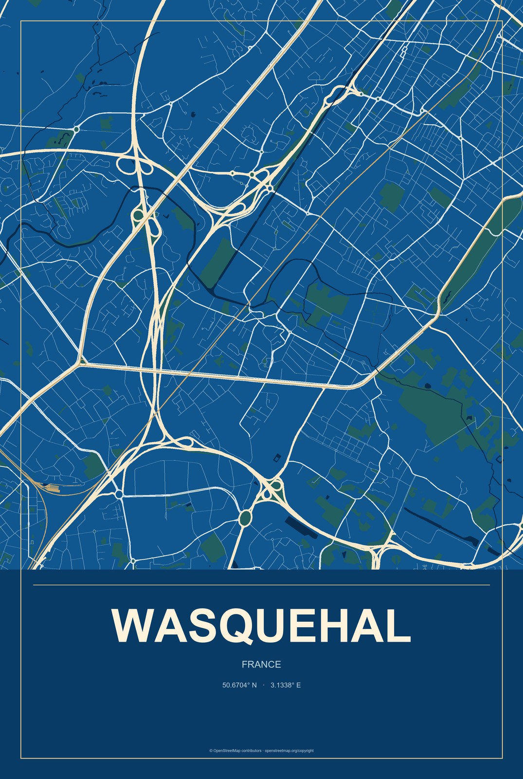 Wasquehal, France City Map Aluminum Sign in Harbor Cobalt style