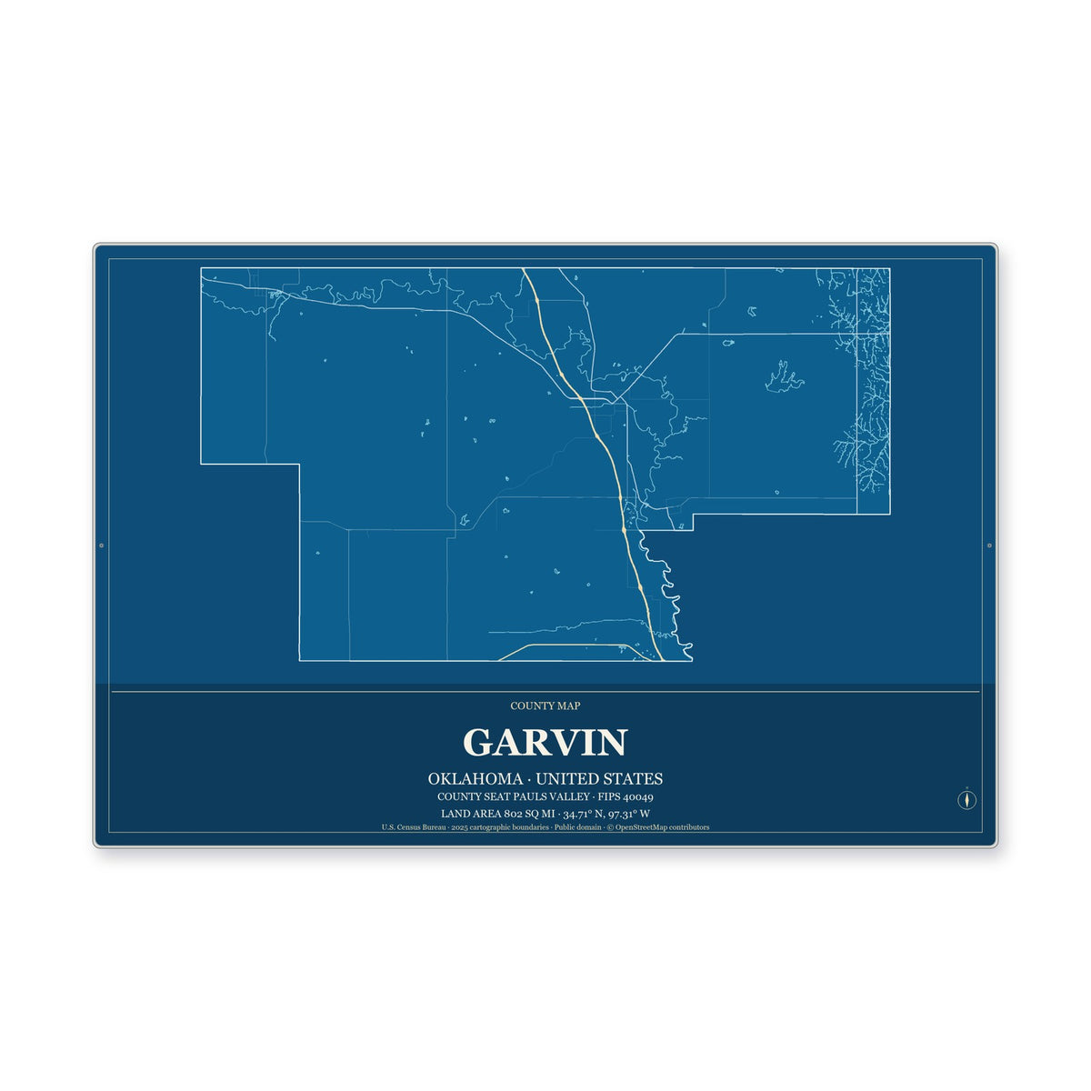 Garvin County, Oklahoma Map Aluminum Sign in Harbor Cobalt style