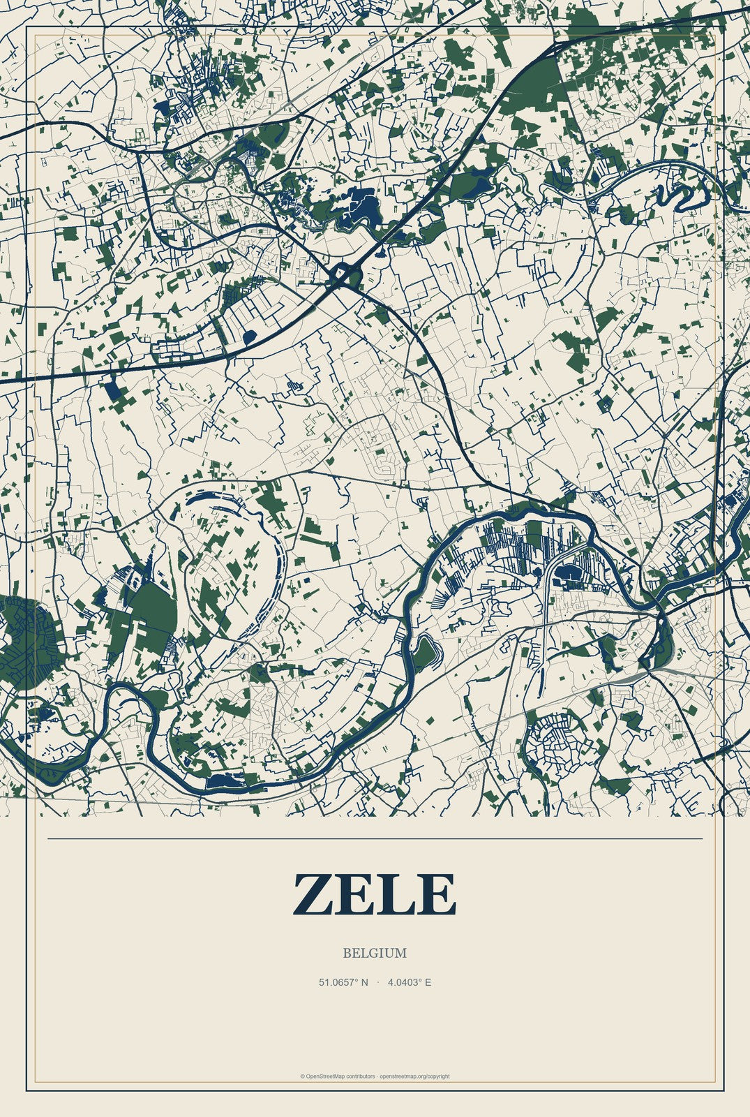 Zele, Belgium City Map Aluminum Sign in Coastal Cutout style