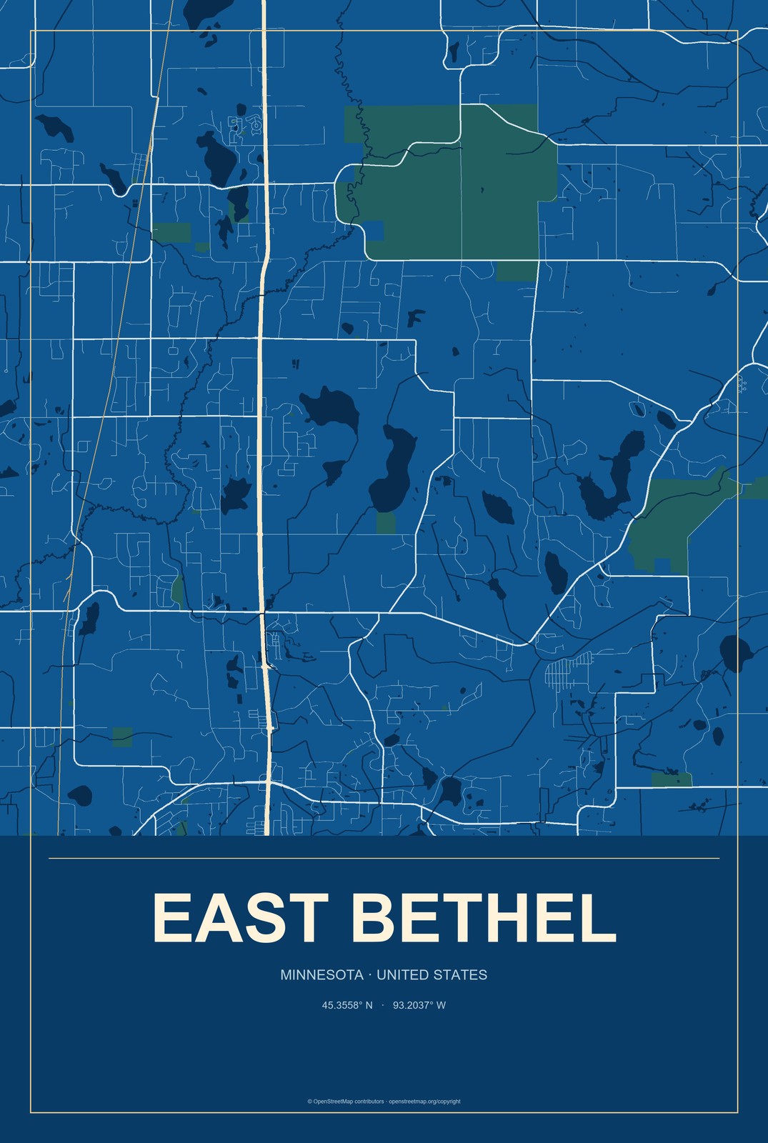 East Bethel, Minnesota City Map Aluminum Sign in Harbor Cobalt style