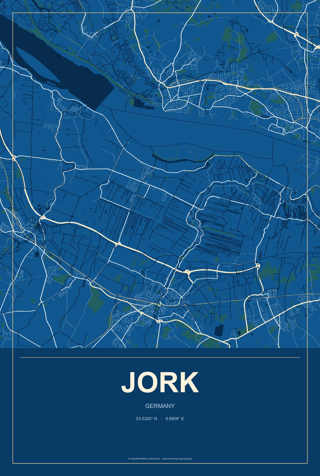 Jork, Germany City Map Aluminum Sign in Harbor Cobalt style