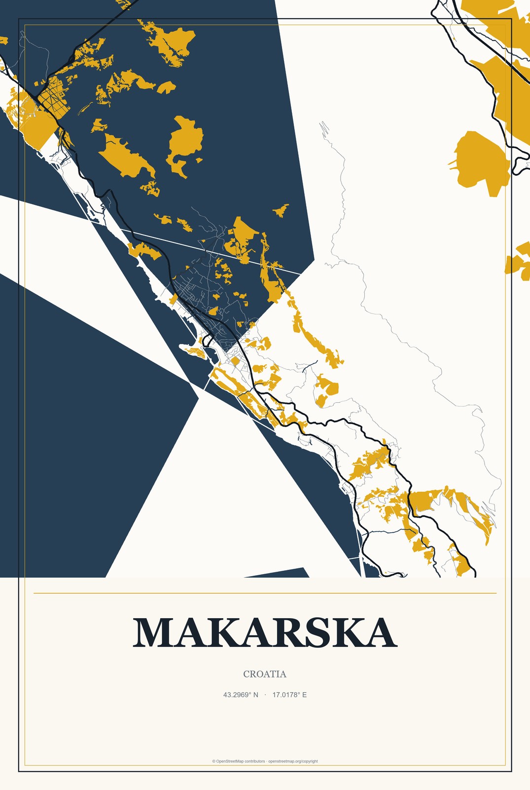 Makarska, Croatia City Map Aluminum Sign in Citrine Modern style