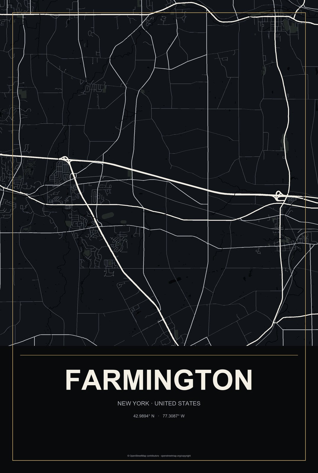 Farmington, New York City Map Aluminum Sign in Metropolitan Noir style