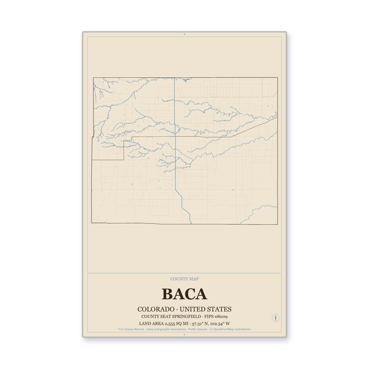 Baca County, Colorado Map Aluminum Sign in Heritage Nautical style