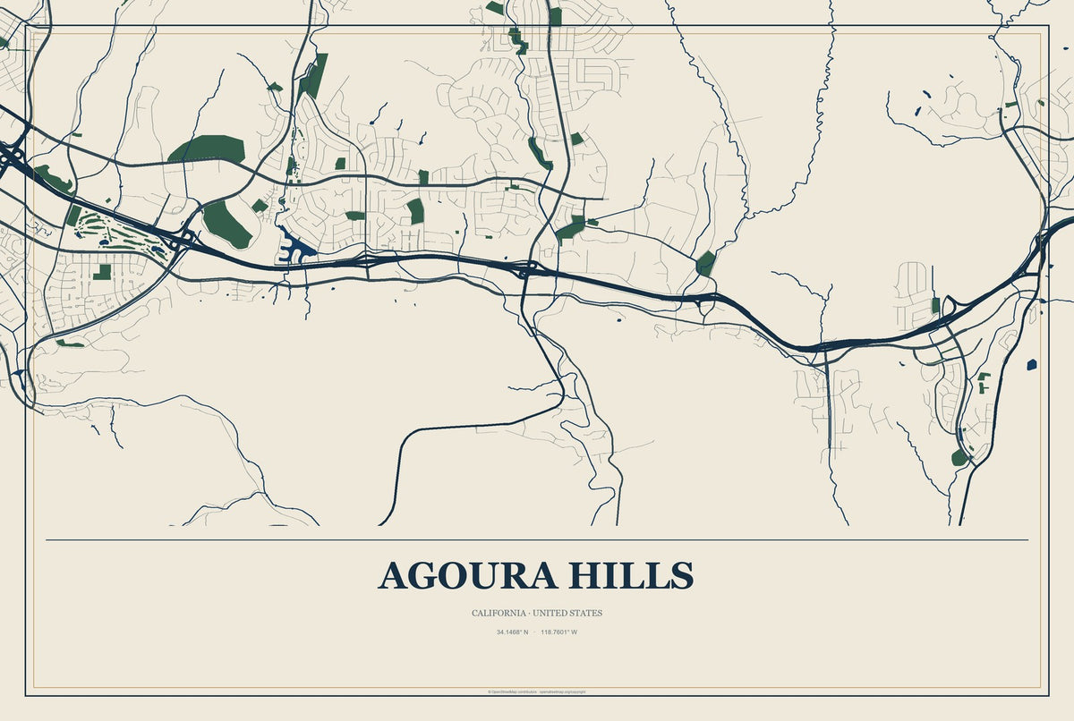Agoura Hills, California City Map Aluminum Sign in Coastal Cutout style