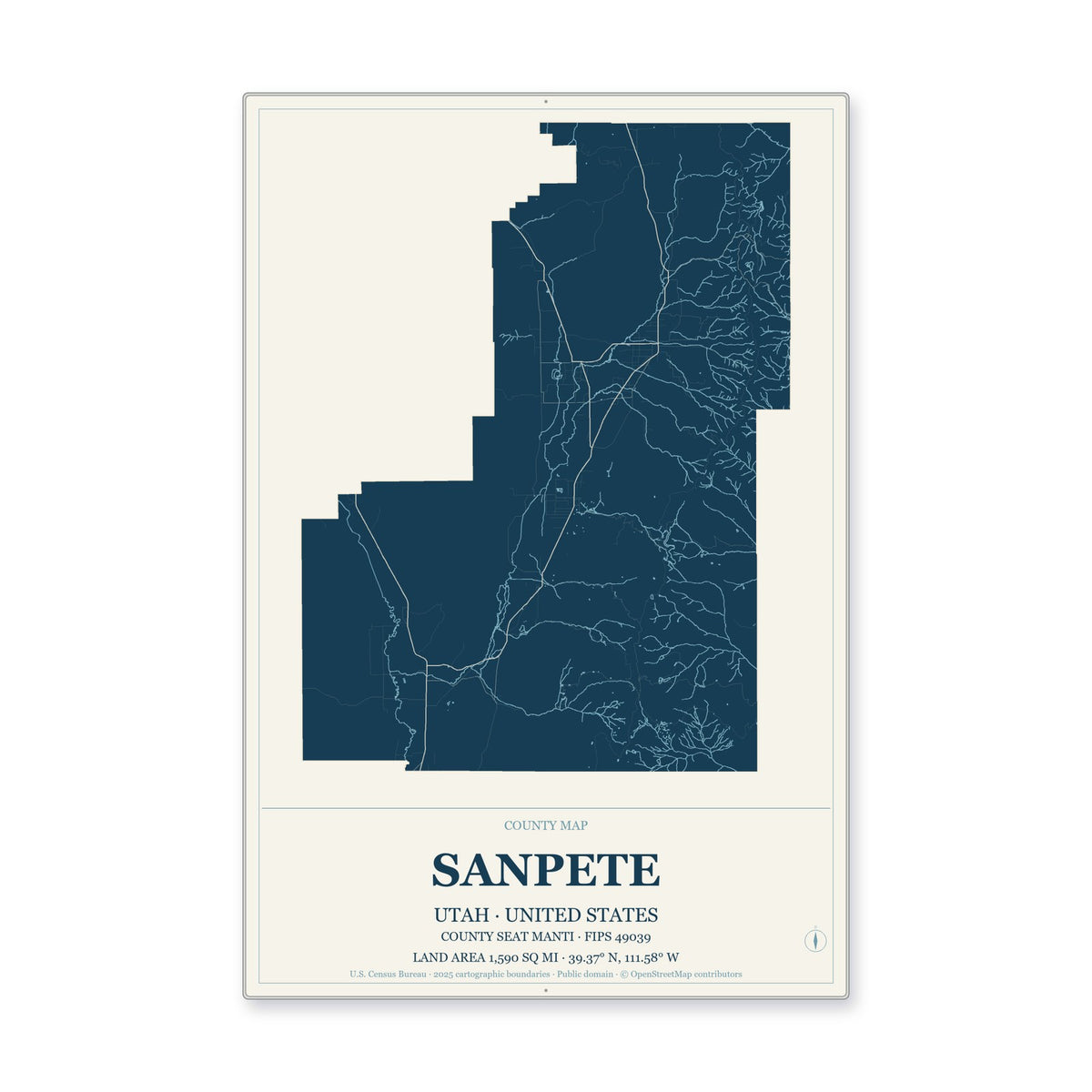 Sanpete County, Utah Map Aluminum Sign in Coastal Cutout style