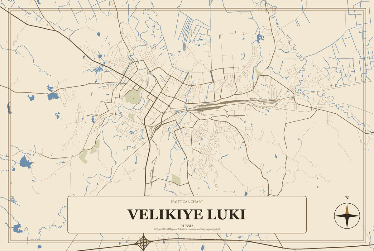 Velikiye Luki, Russia City Map Aluminum Sign in Heritage Nautical style
