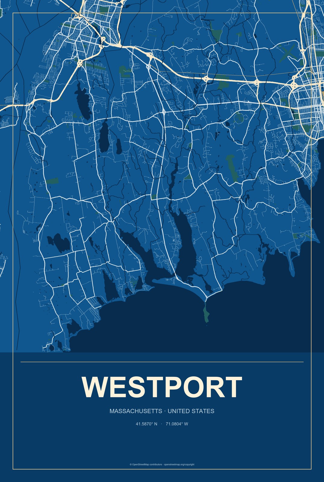 Westport, Massachusetts City Map Aluminum Sign in Harbor Cobalt style