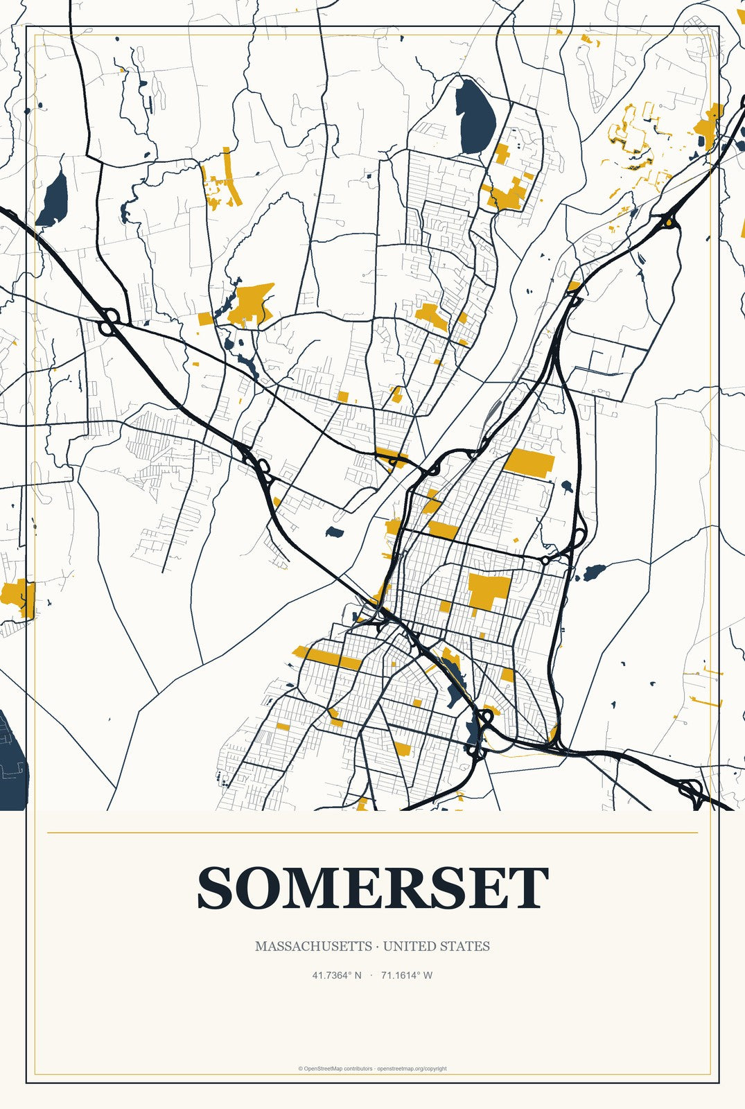 Somerset, Massachusetts City Map Aluminum Sign in Citrine Modern style