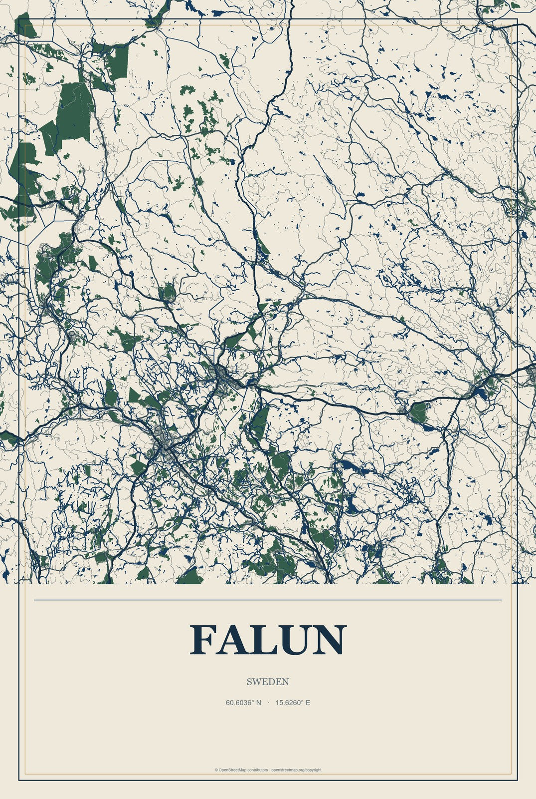 Falun, Sweden City Map Aluminum Sign in Coastal Cutout style