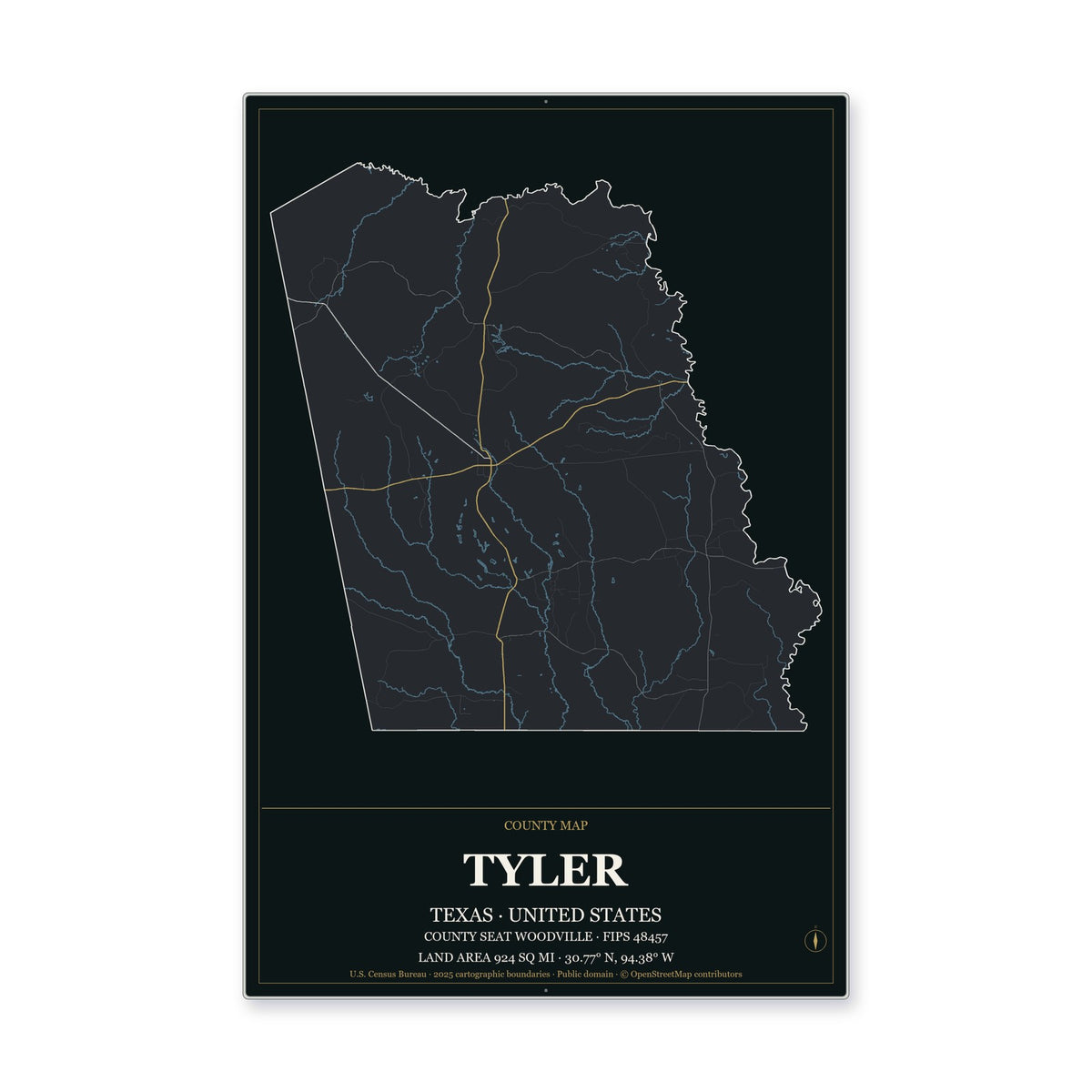 Tyler County, Texas Map Aluminum Sign in Metropolitan Noir style