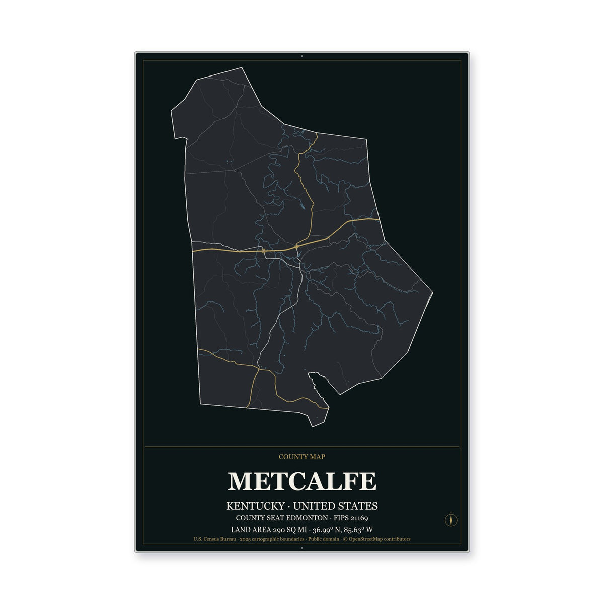 Metcalfe County, Kentucky Map Aluminum Sign in Metropolitan Noir style