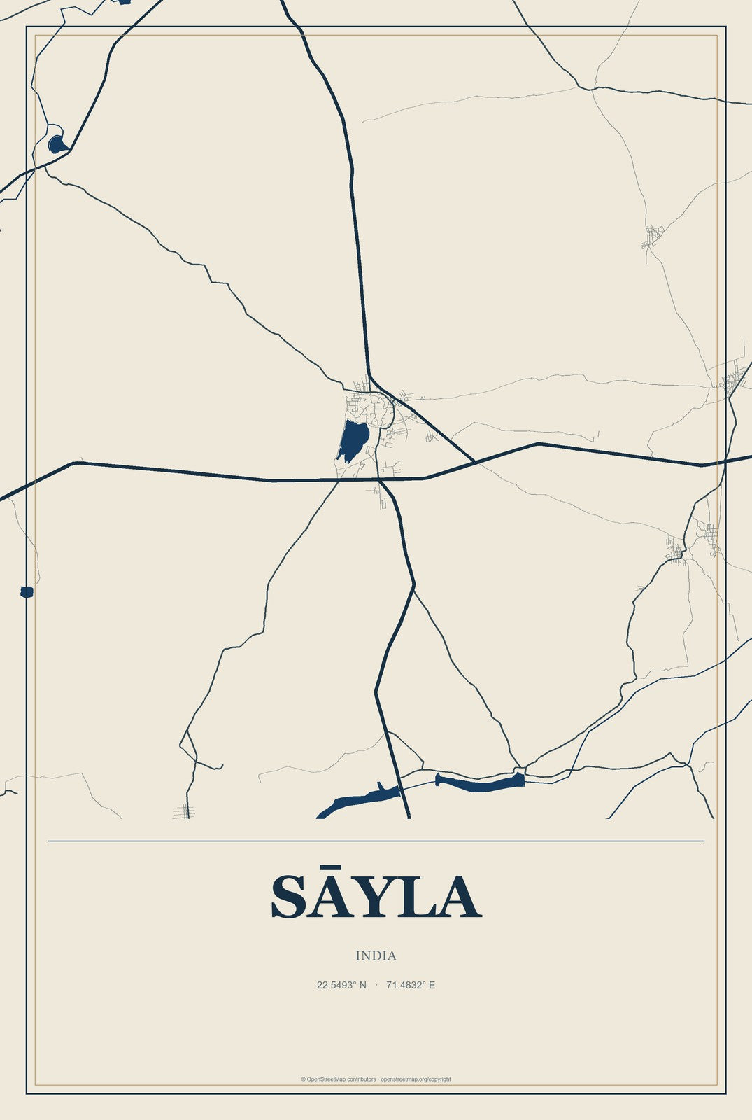 Sāyla, India City Map Aluminum Sign in Coastal Cutout style