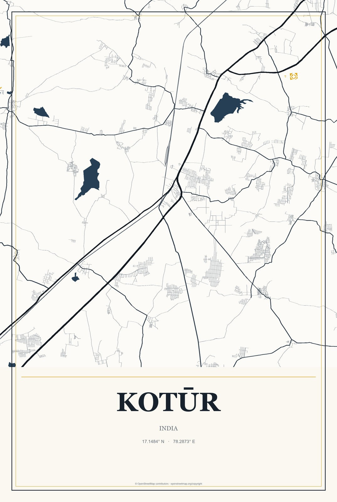 Kotūr, India City Map Aluminum Sign in Citrine Modern style