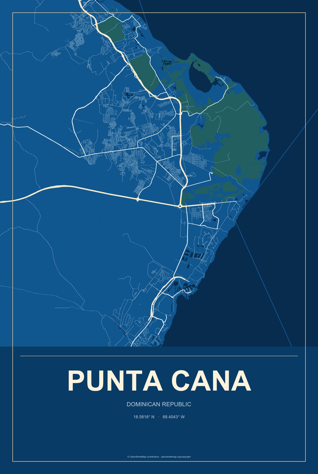 Punta Cana, Dominican Republic City Map Aluminum Sign in Harbor Cobalt style