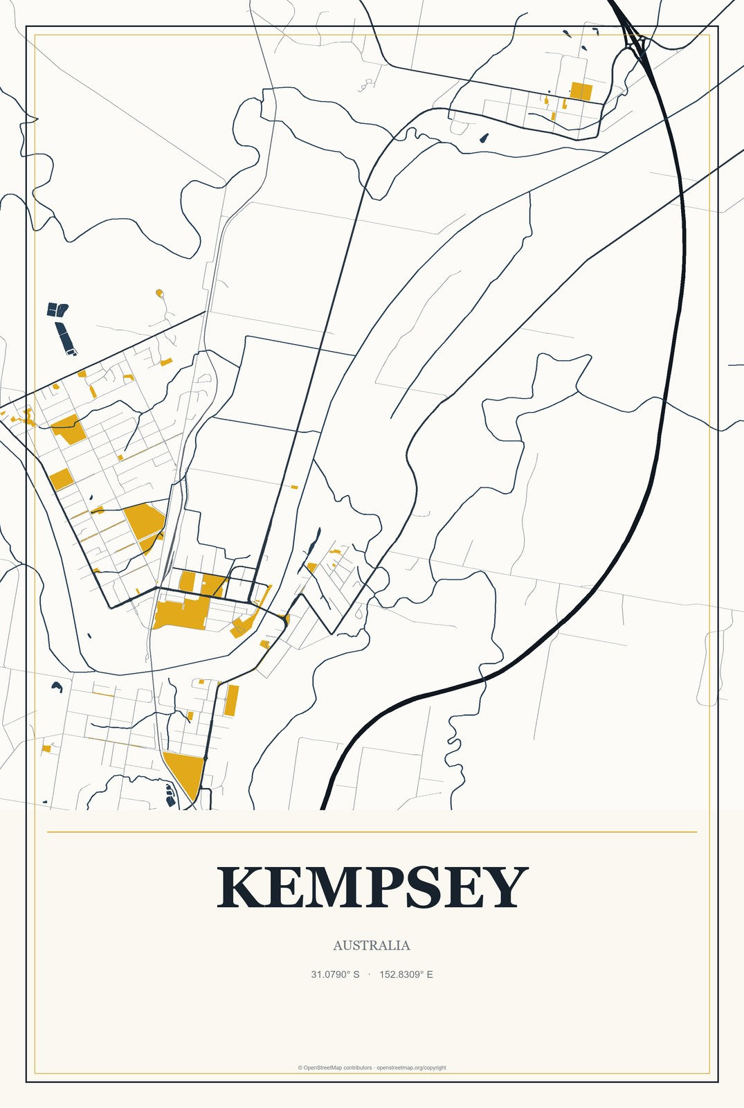 Kempsey, Australia City Map Aluminum Sign in Citrine Modern style