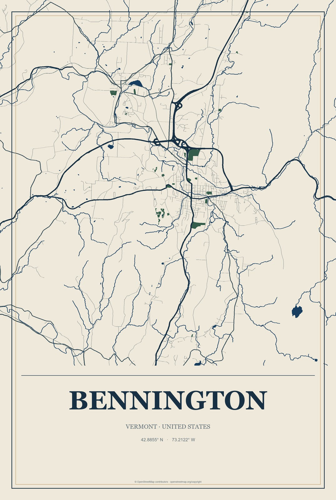 Bennington, Vermont City Map Aluminum Sign in Coastal Cutout style