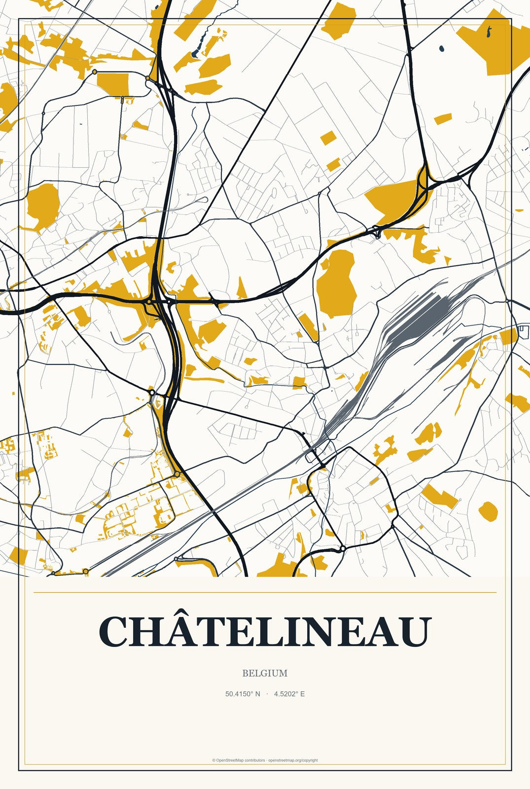 Châtelineau, Belgium City Map Aluminum Sign in Citrine Modern style