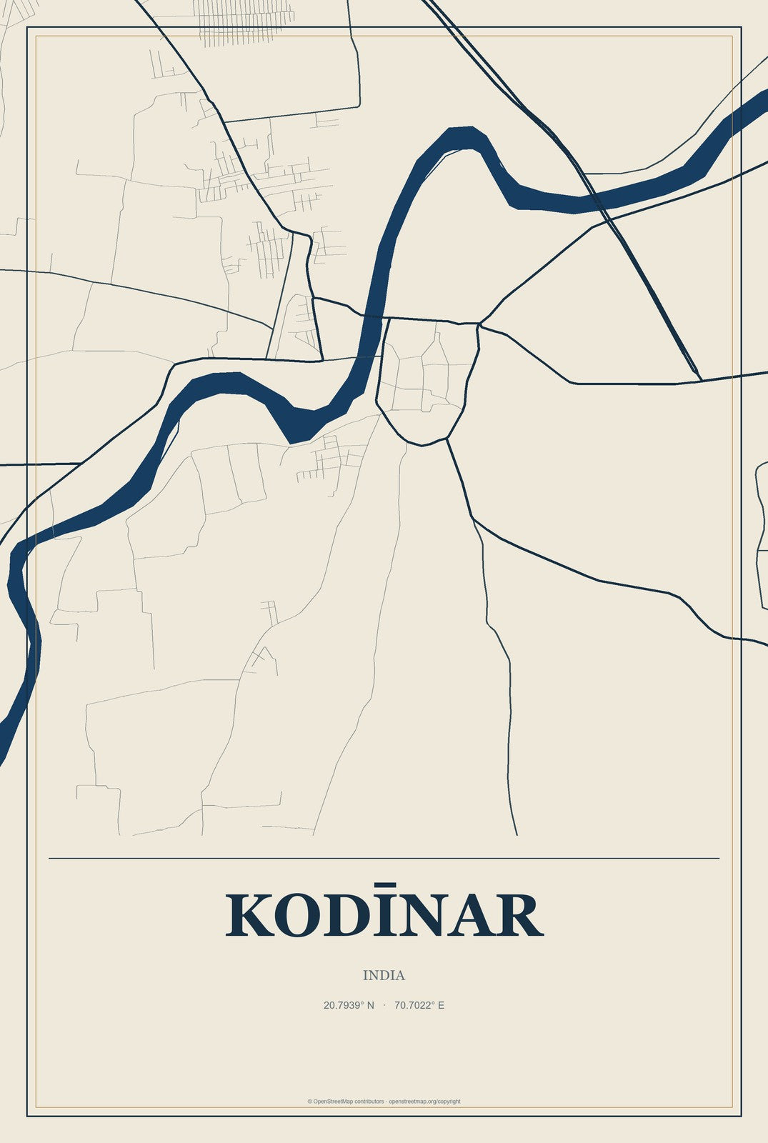 Kodīnar, India City Map Aluminum Sign in Coastal Cutout style