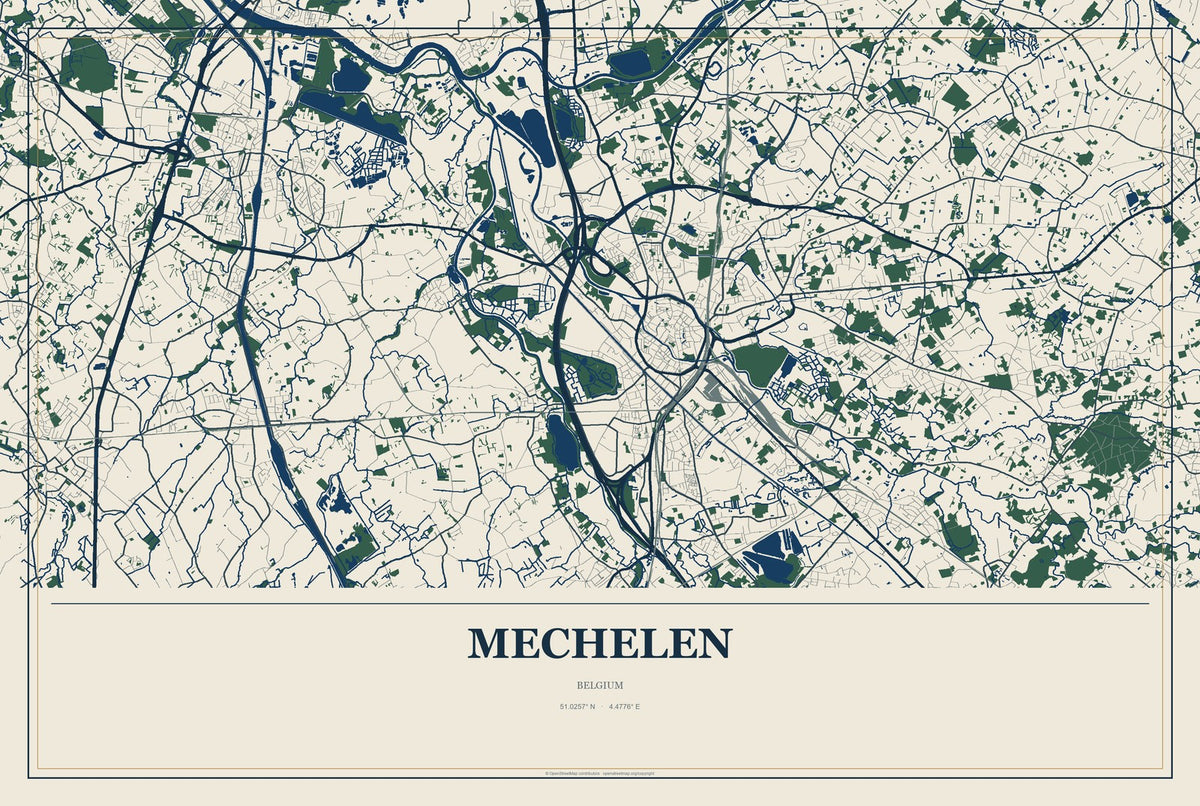 Mechelen, Belgium City Map Aluminum Sign in Coastal Cutout style