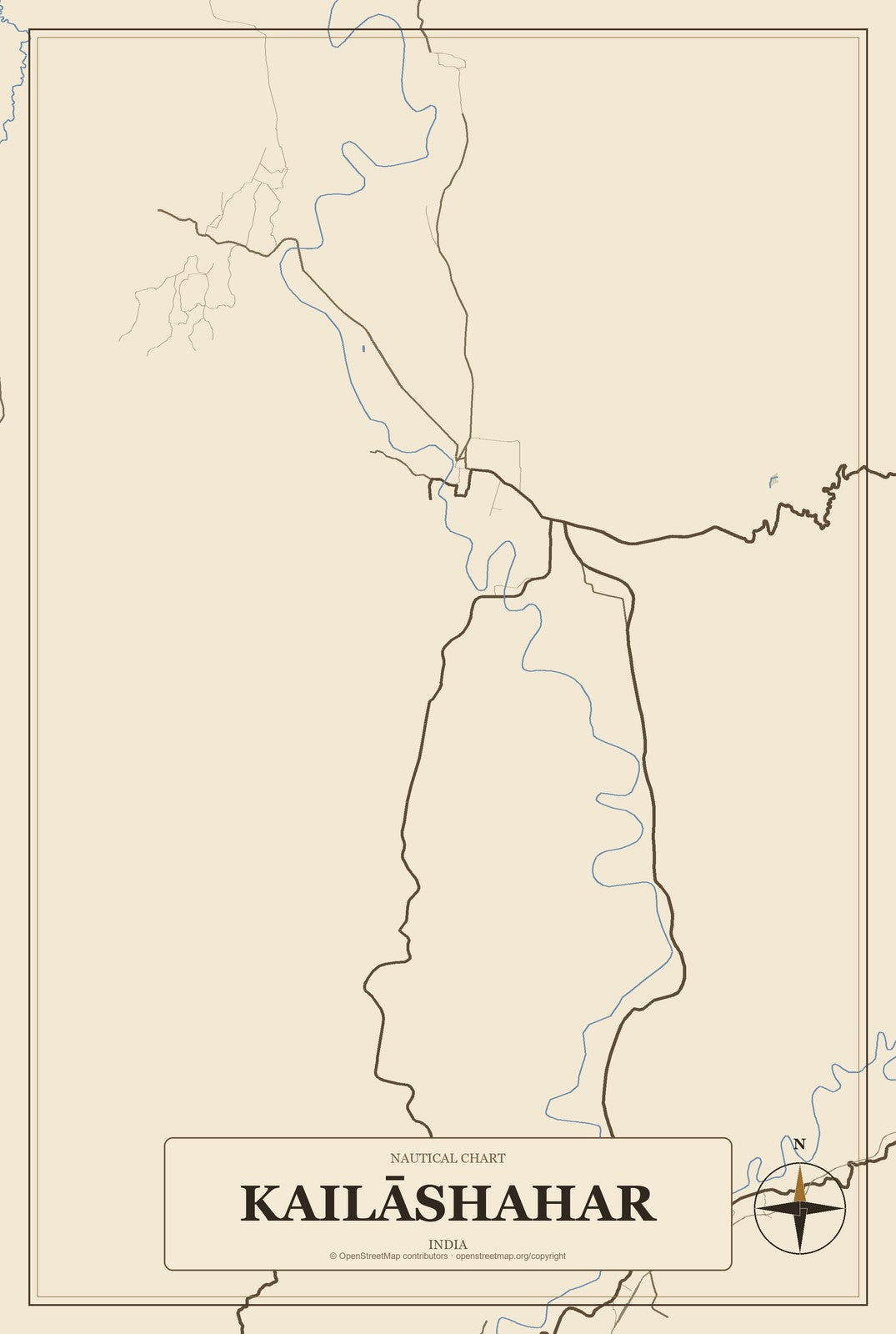 Kailāshahar, India City Map Aluminum Sign in Heritage Nautical style