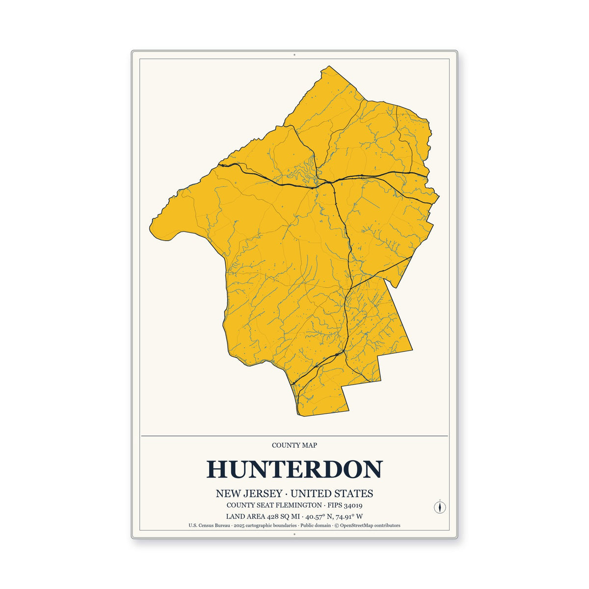 Hunterdon County, New Jersey Map Aluminum Sign in Citrine Modern style
