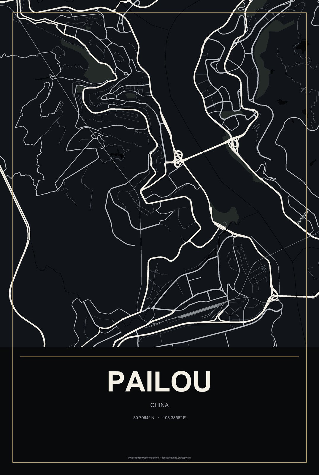 Pailou, China City Map Aluminum Sign in Metropolitan Noir style