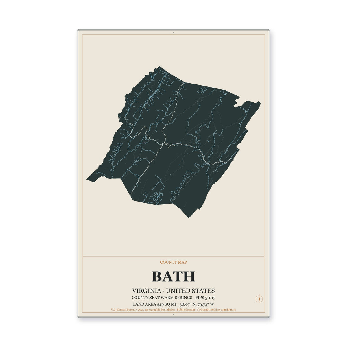 Bath County, Virginia Map Aluminum Sign in Headline Atlas style