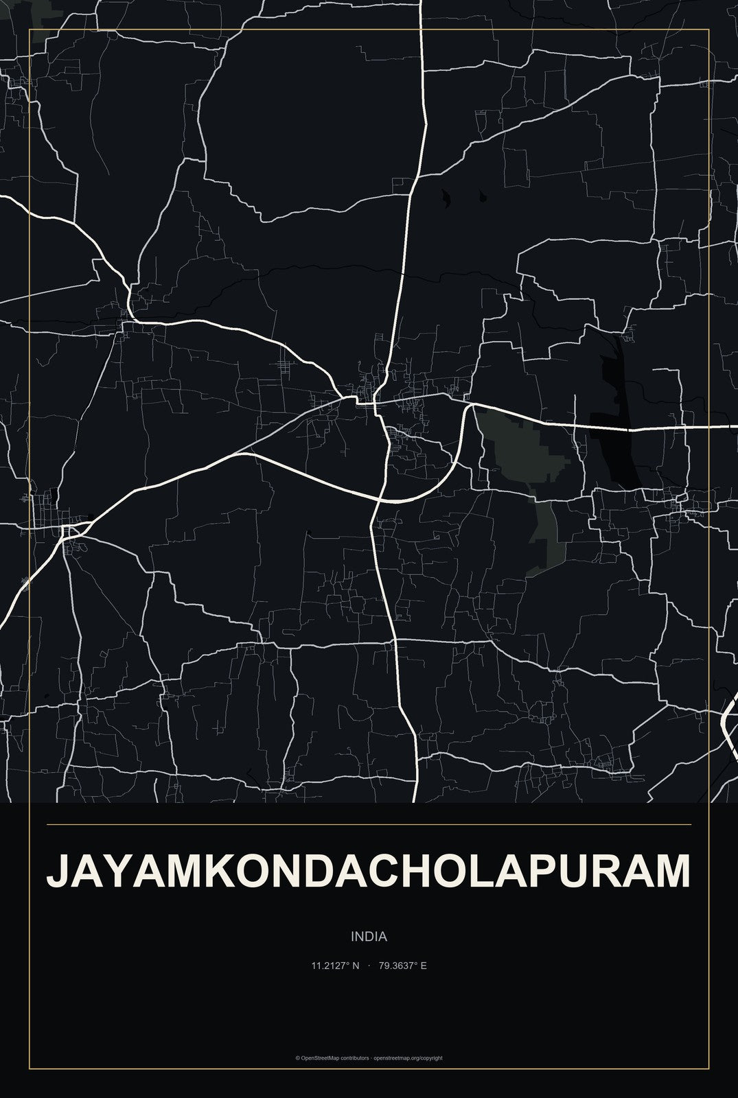 Jayamkondacholapuram, India City Map Aluminum Sign in Metropolitan Noir style