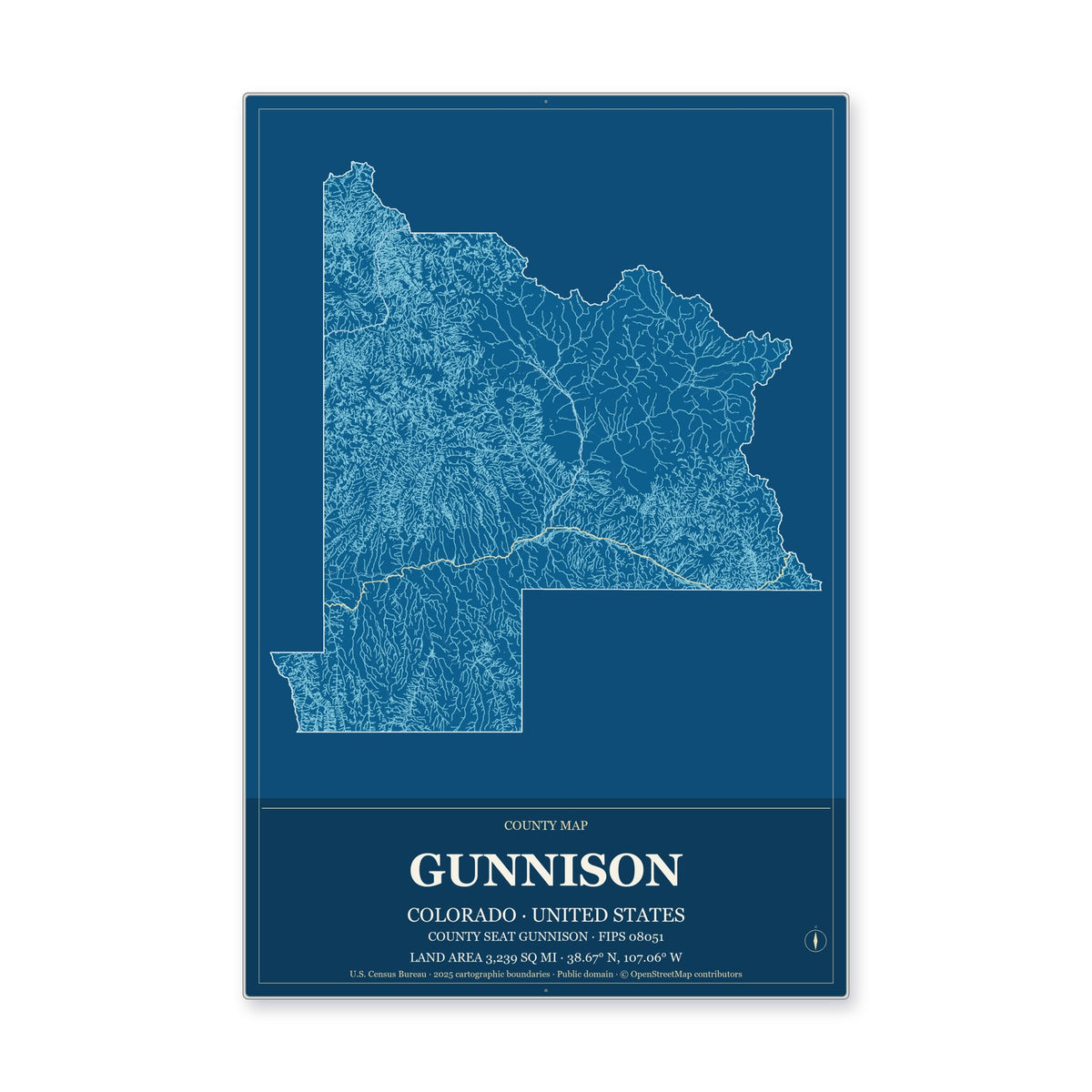 Gunnison County, Colorado Map Aluminum Sign in Harbor Cobalt style