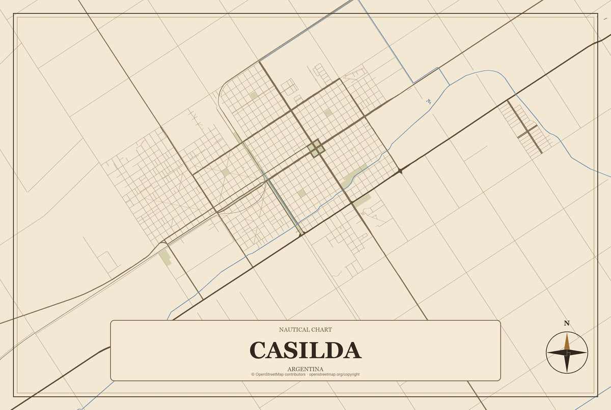 Casilda, Argentina City Map Aluminum Sign in Heritage Nautical style