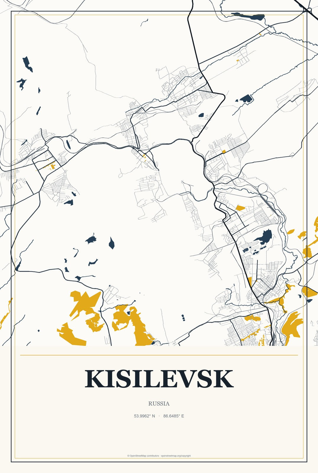 Kisilevsk, Russia City Map Aluminum Sign in Citrine Modern style