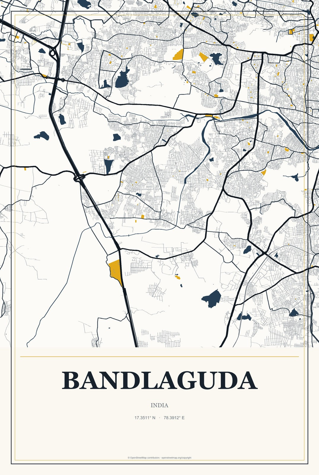 Bandlaguda, India City Map Aluminum Sign in Citrine Modern style
