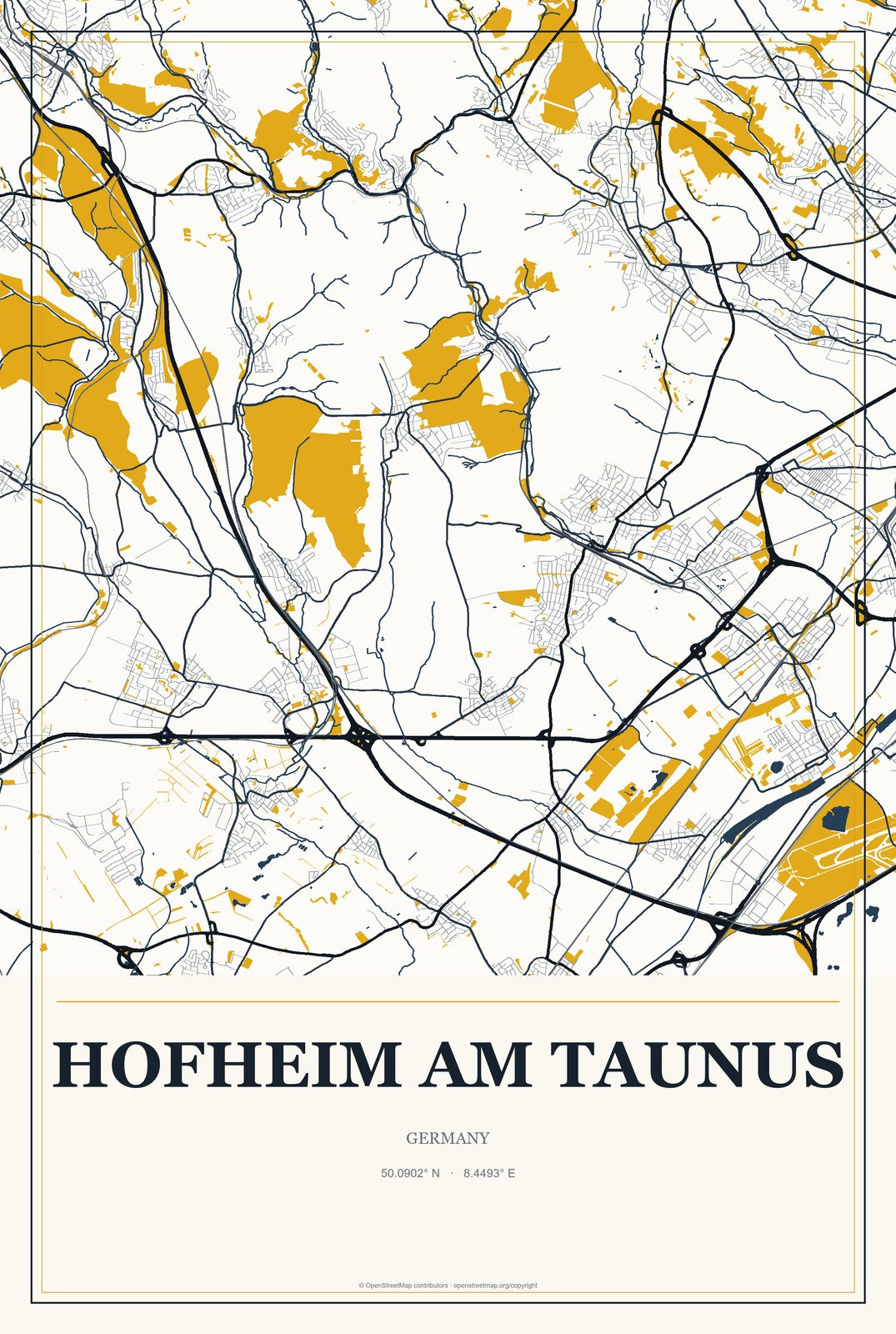 Hofheim am Taunus, Germany City Map Aluminum Sign in Citrine Modern style