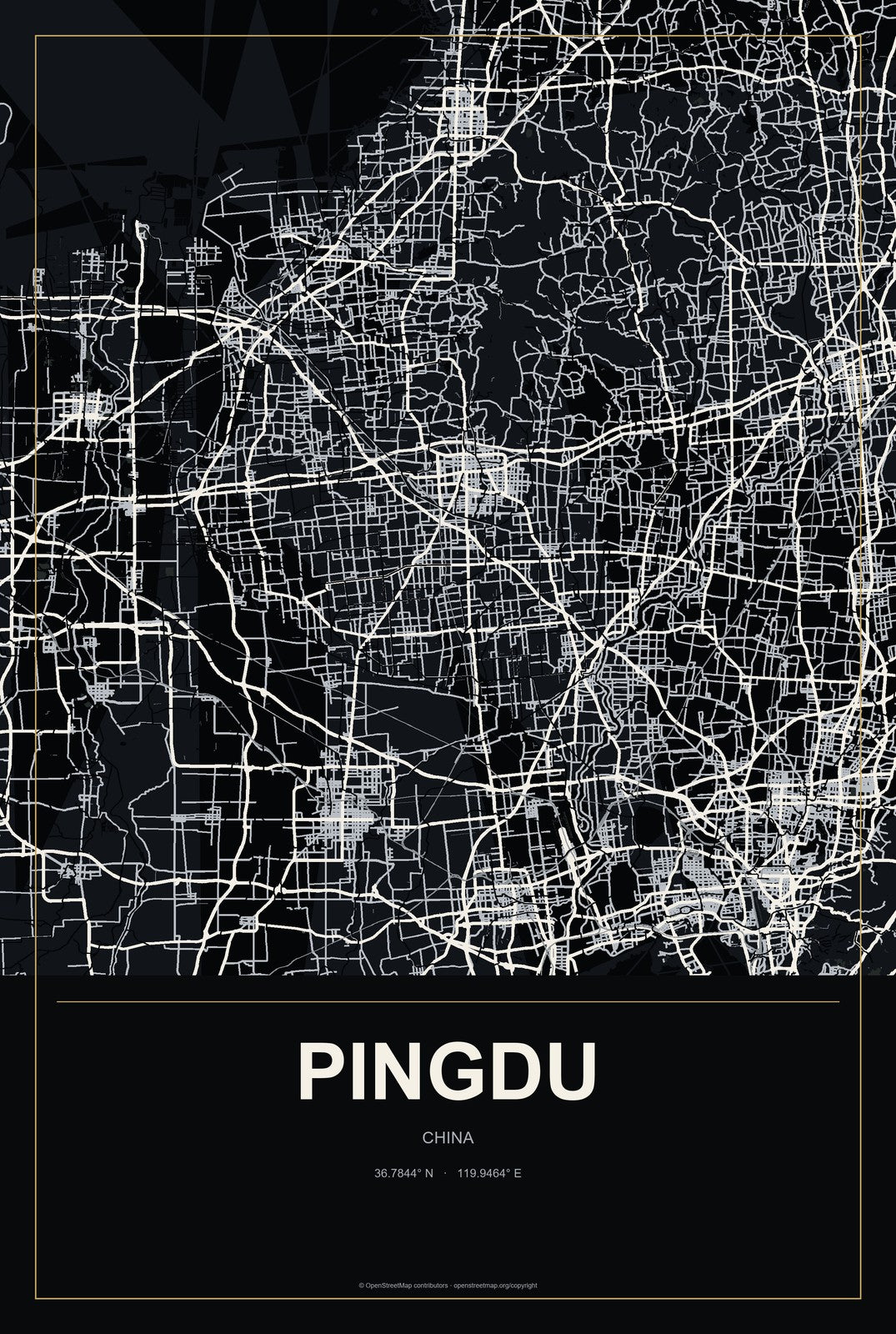 Pingdu, China City Map Aluminum Sign in Metropolitan Noir style