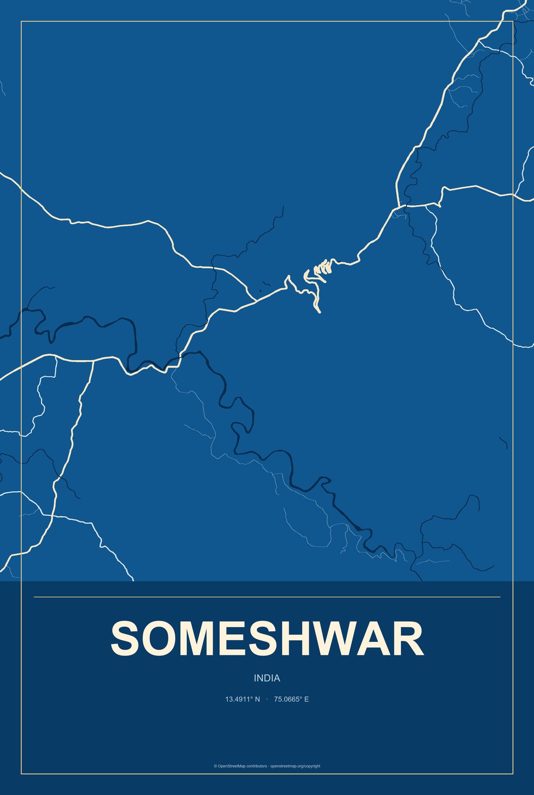 Someshwar, India City Map Aluminum Sign in Harbor Cobalt style