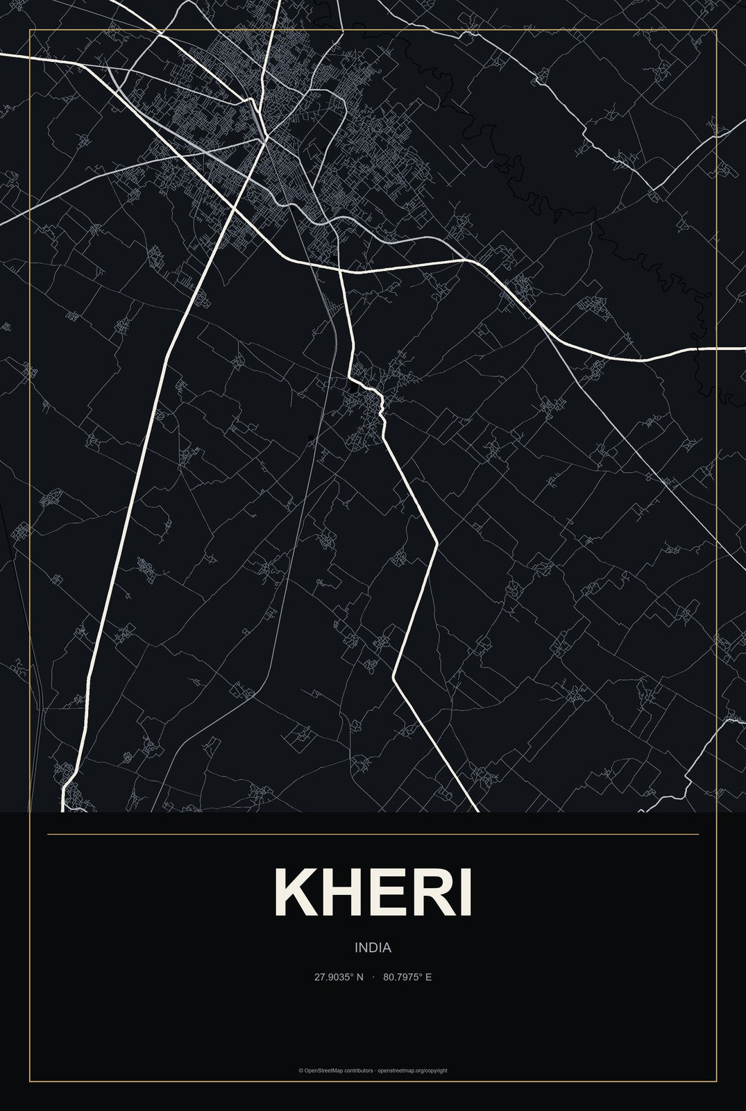 Kheri, India City Map Aluminum Sign in Metropolitan Noir style