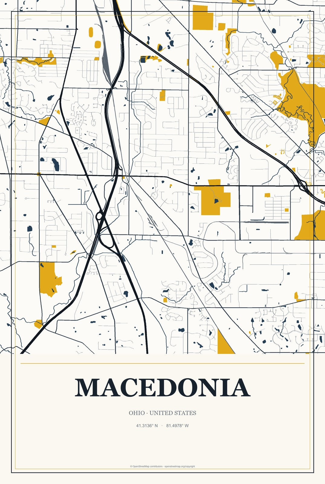Macedonia, Ohio City Map Aluminum Sign in Citrine Modern style