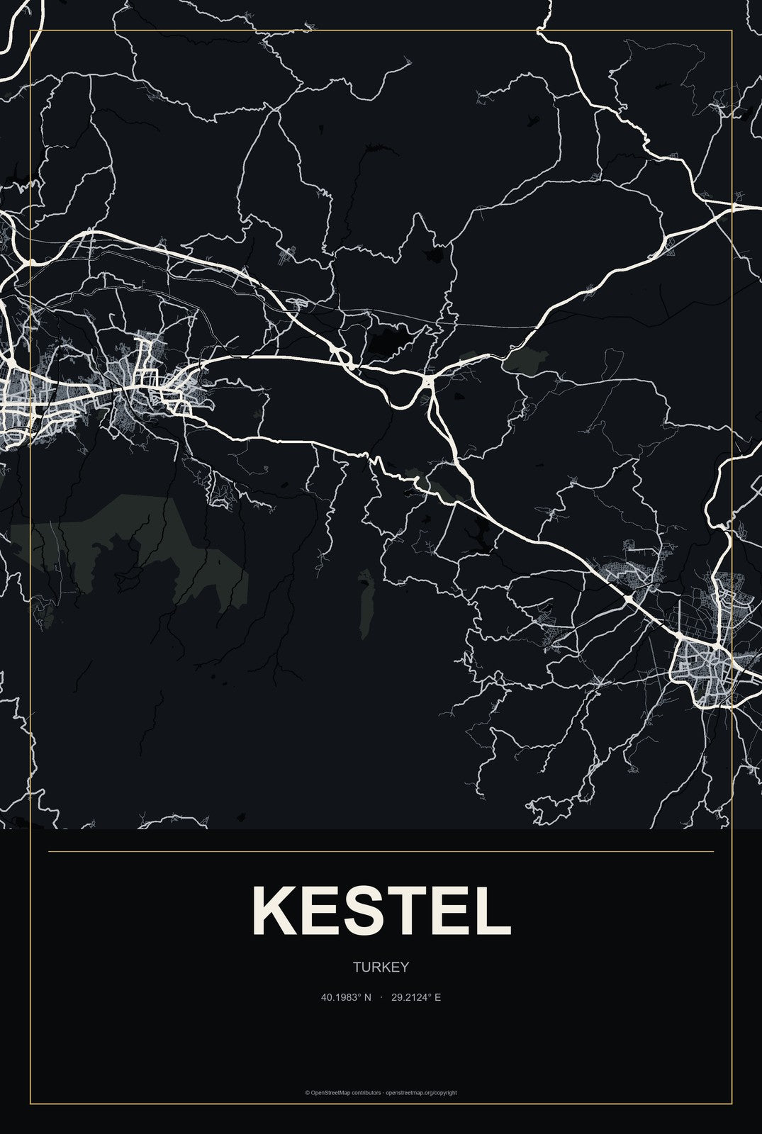 Kestel, Antalya, Turkey City Map Aluminum Sign in Metropolitan Noir style