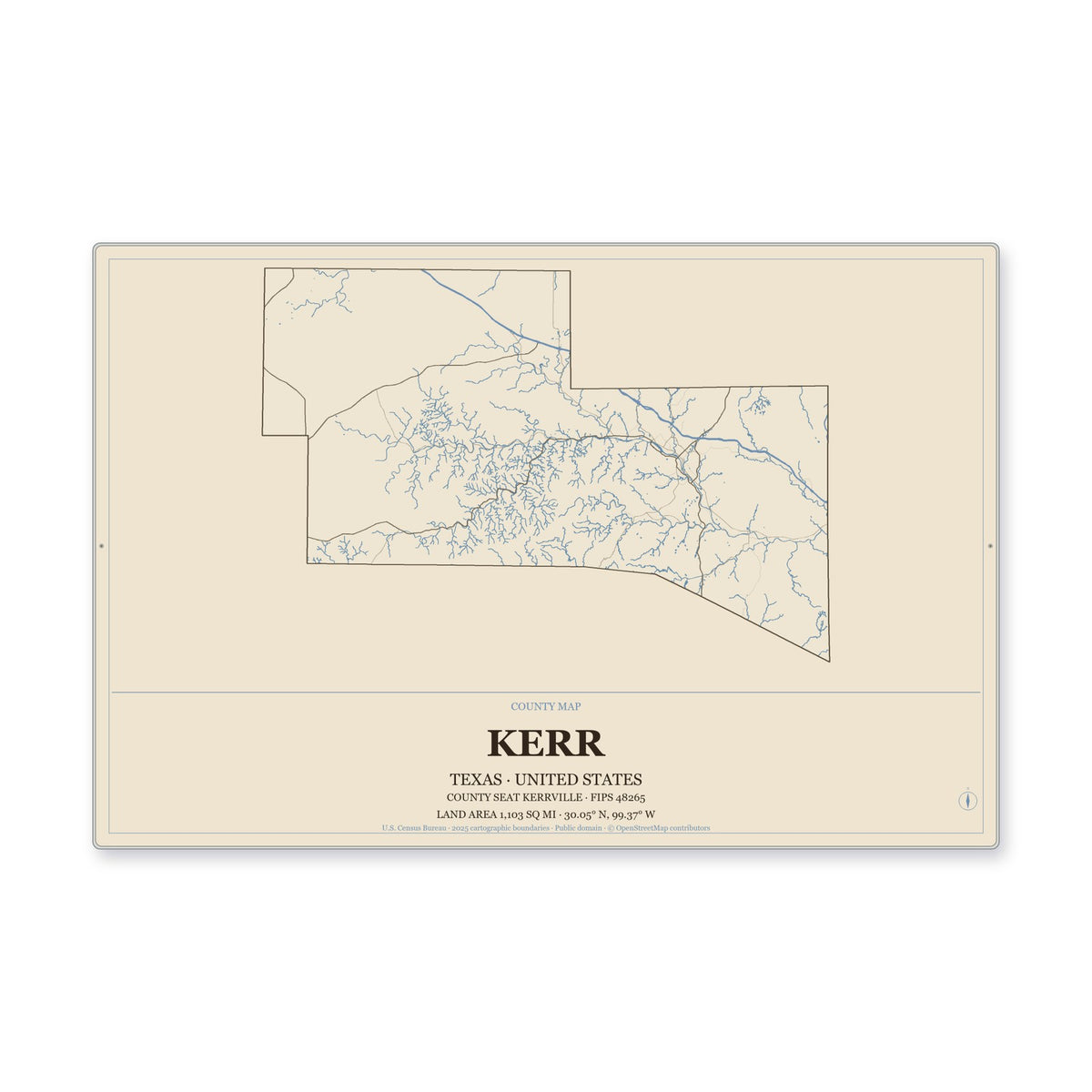 Kerr County, Texas Map Aluminum Sign in Heritage Nautical style