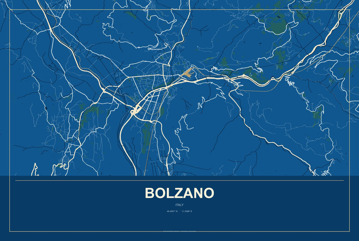 Bolzano, Italy City Map Aluminum Sign in Harbor Cobalt style